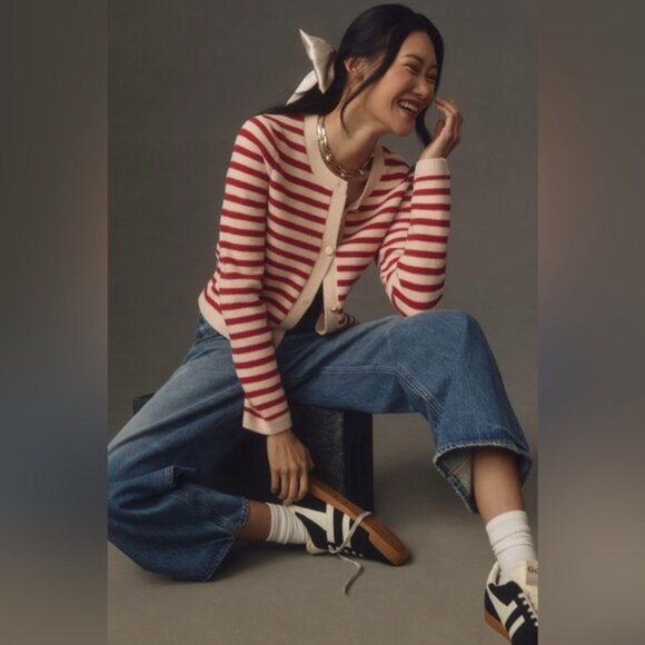 Anthropologie Red Striped Sweater Lady Sweater Cardigan Size 1X - Picture 4 of 16